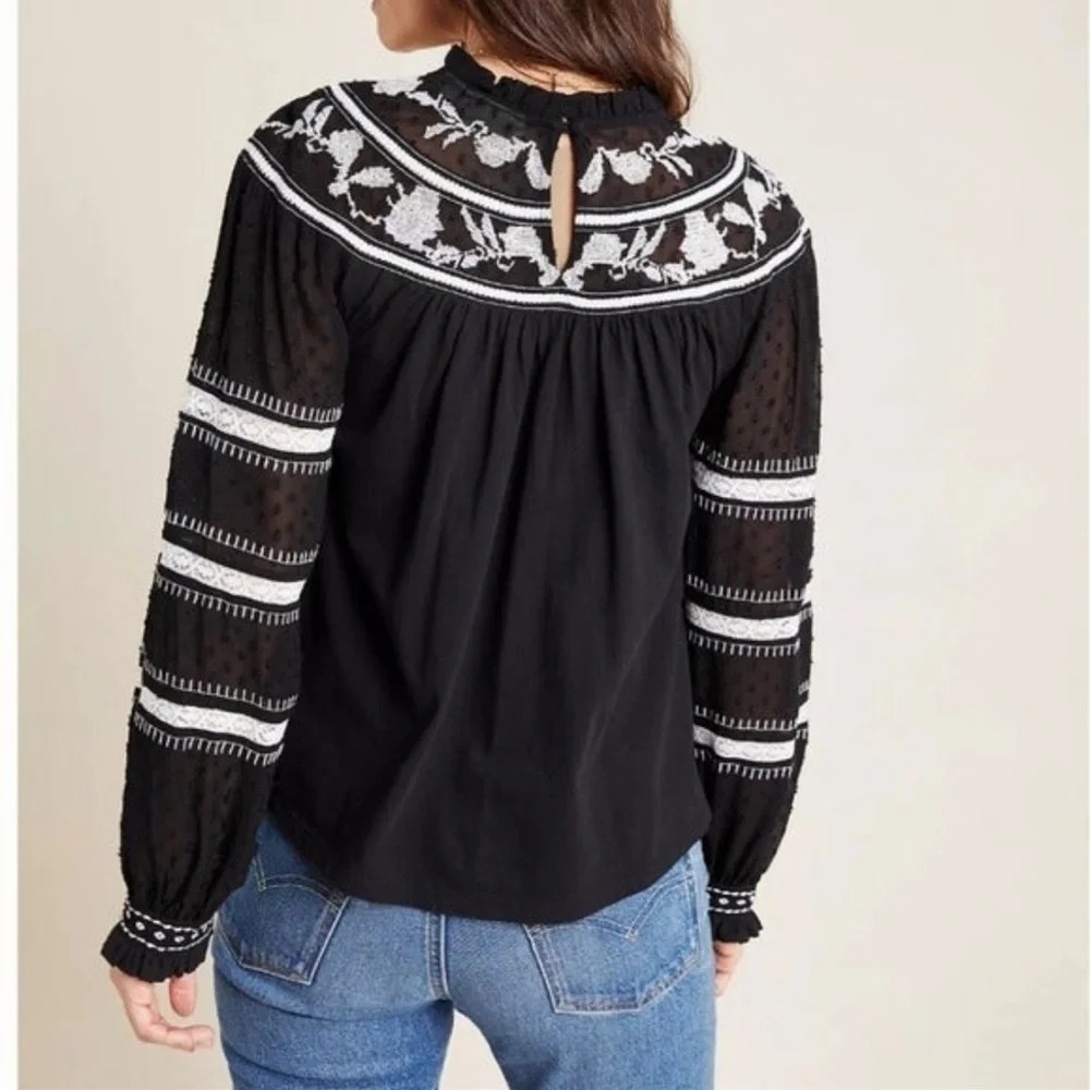 ANTHROPOLOGIE Maeve Winona Lace Puff Sleeve Blouse, Black White, Size Small